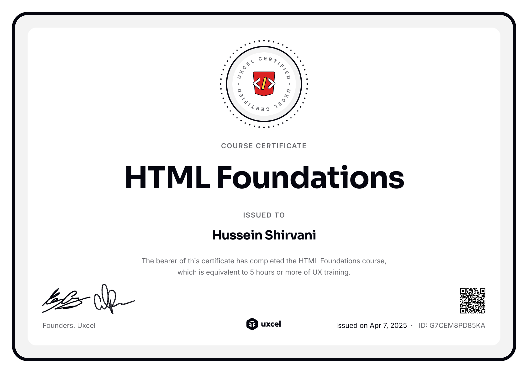 Hussein Shirvani's certificate